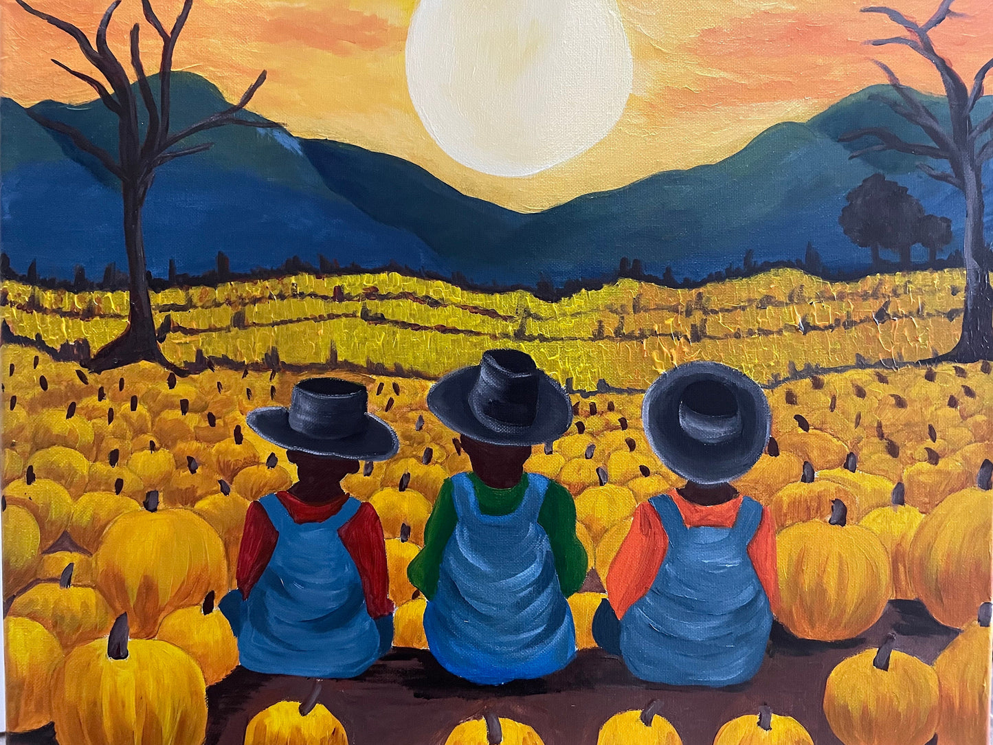 African American Art original acrylic painting “at the pumpkin patch ” Black Boy Joy | Halloween Art