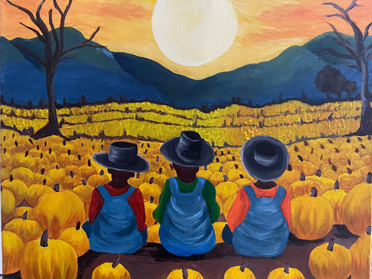 African American Art original acrylic painting “at the pumpkin patch ” Black Boy Joy | Halloween Art