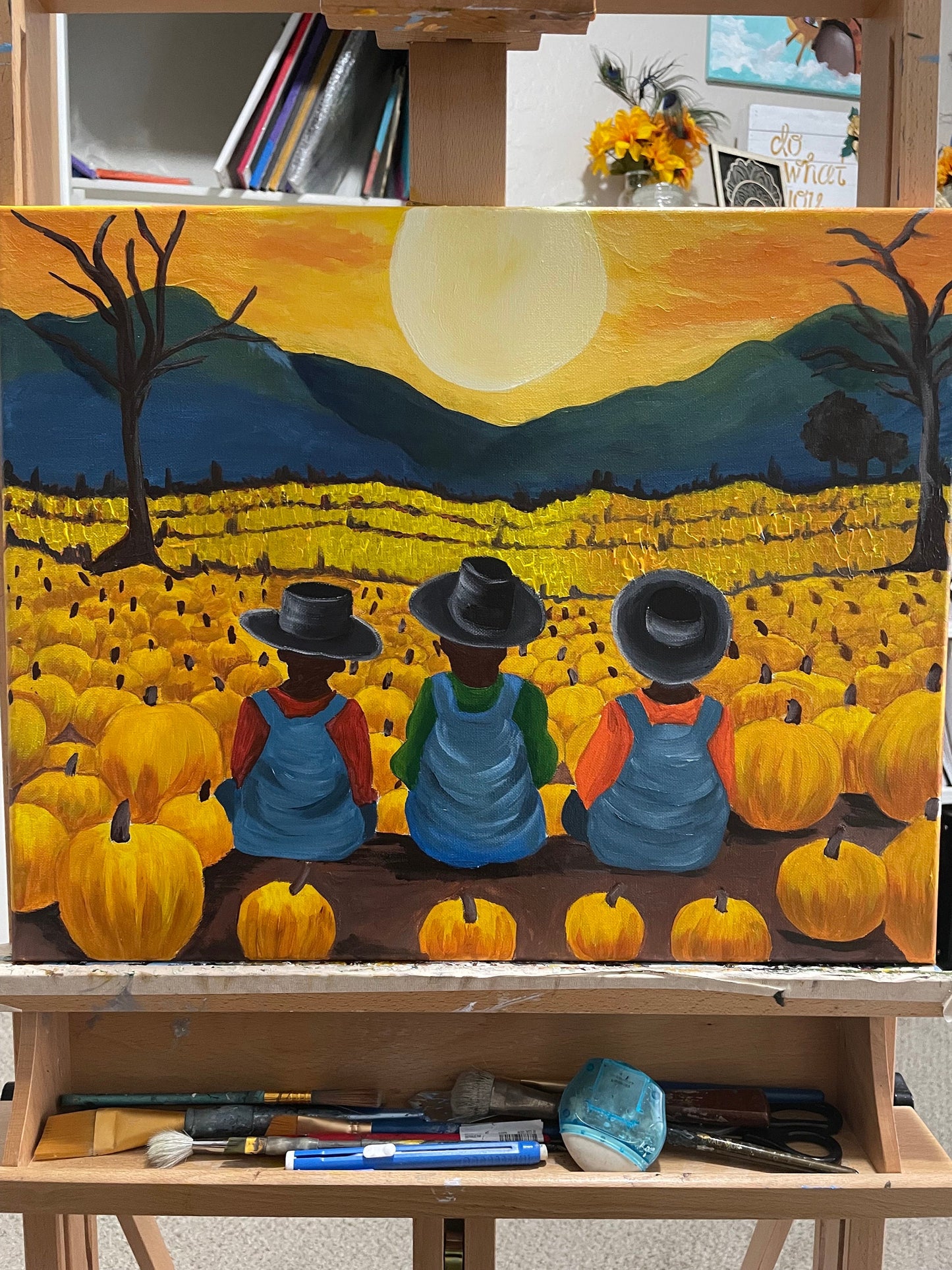 African American Art original acrylic painting “at the pumpkin patch ” Black Boy Joy | Halloween Art