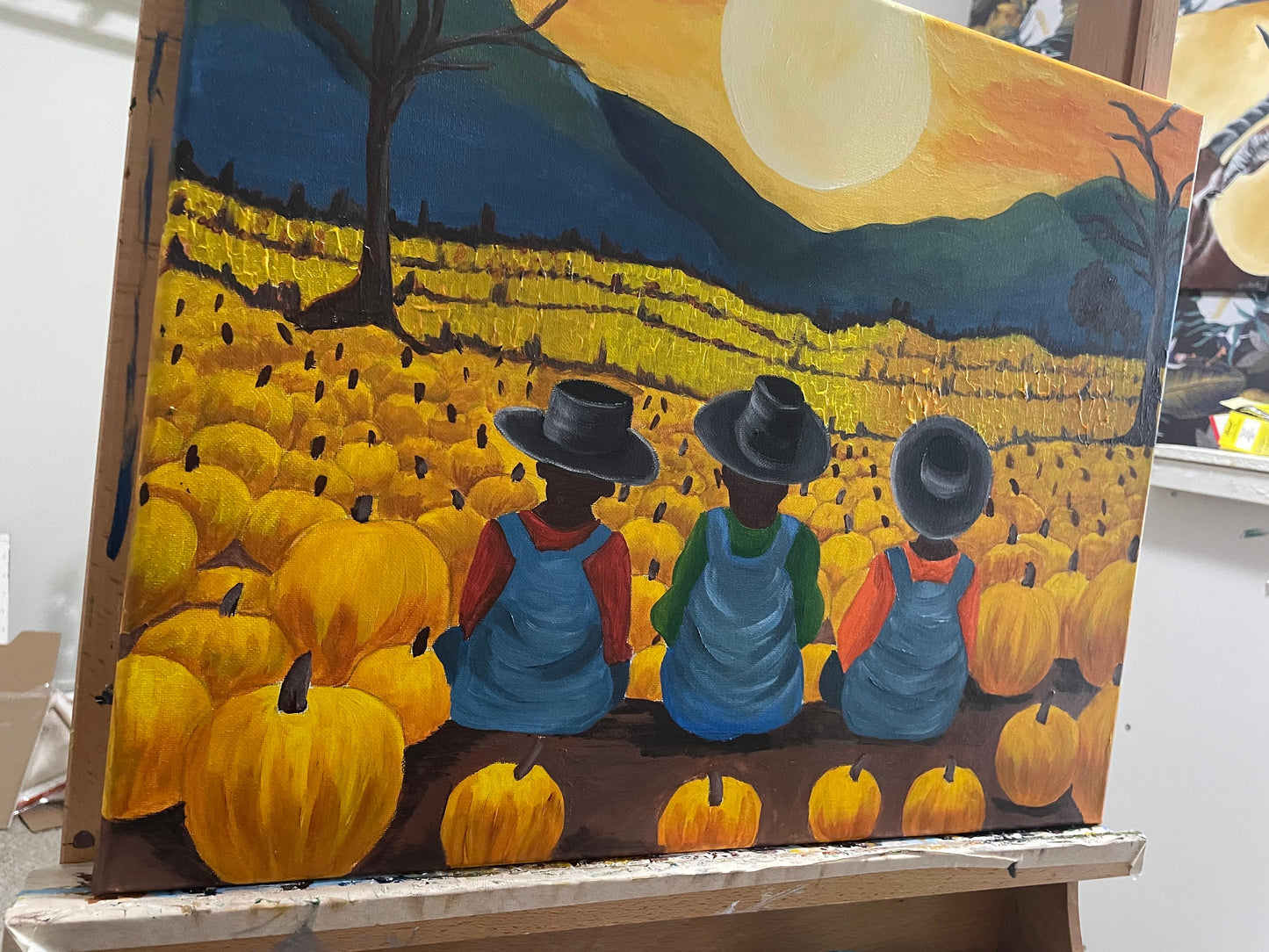 African American Art original acrylic painting “at the pumpkin patch ” Black Boy Joy | Halloween Art