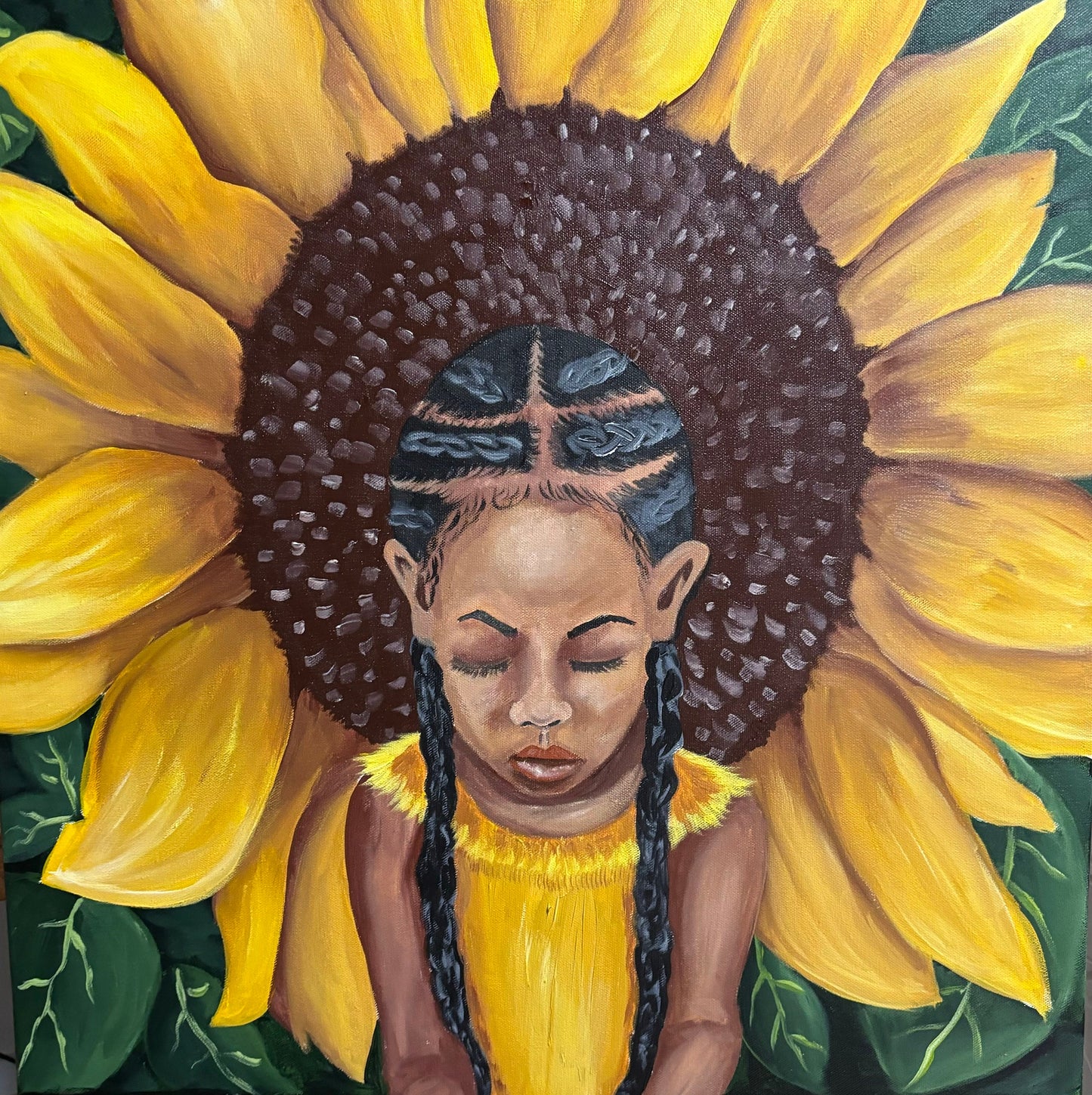 African American Art original acrylic painting “Protection” kids art, sunflowers