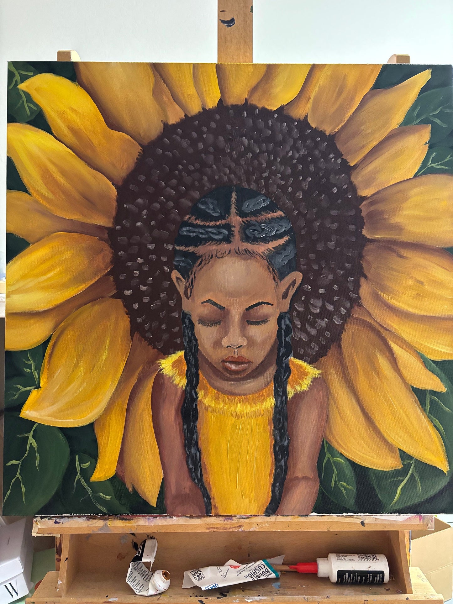 African American Art original acrylic painting “Protection” kids art, sunflowers