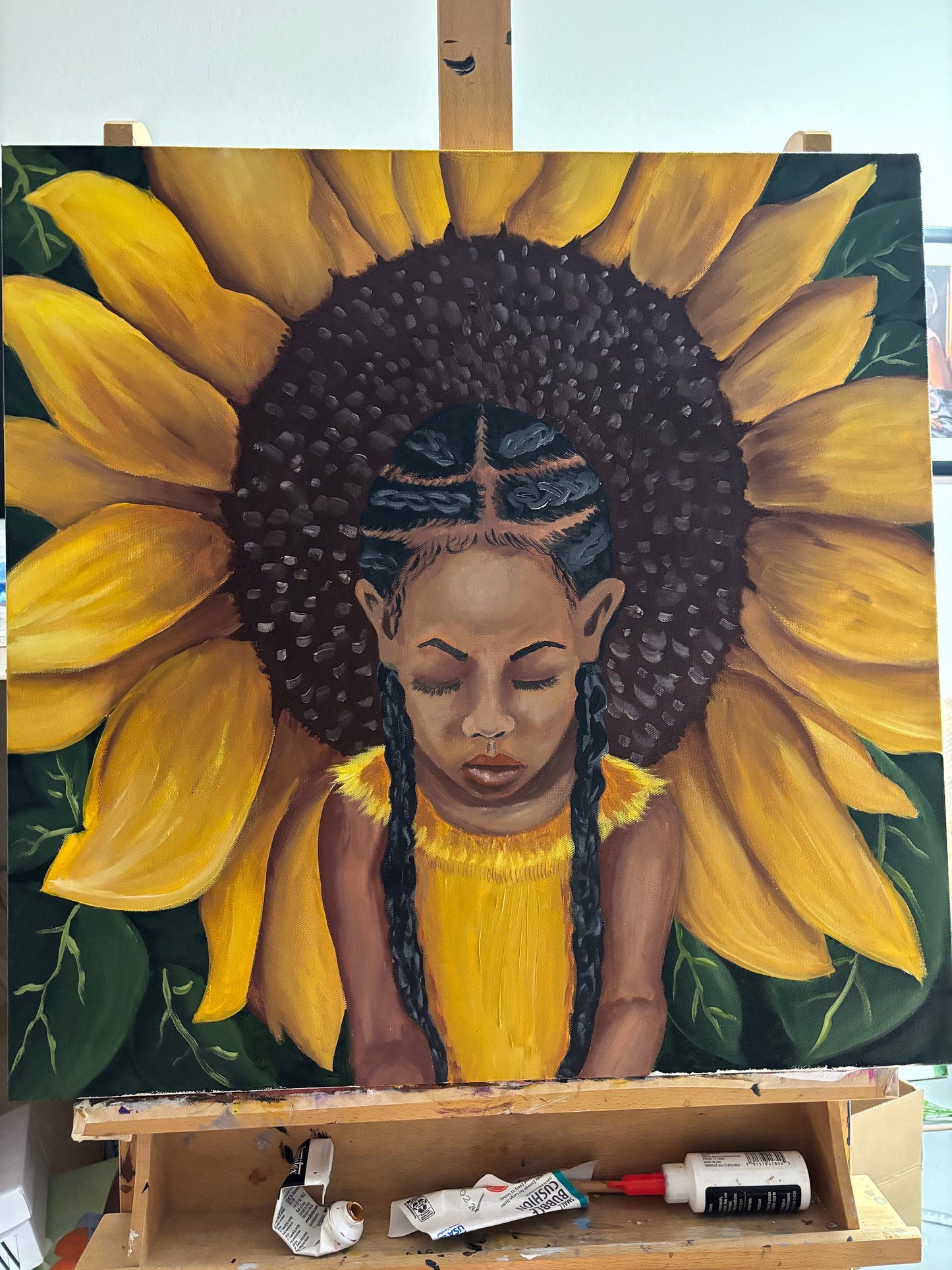 African American Art original acrylic painting “Protection” kids art, sunflowers