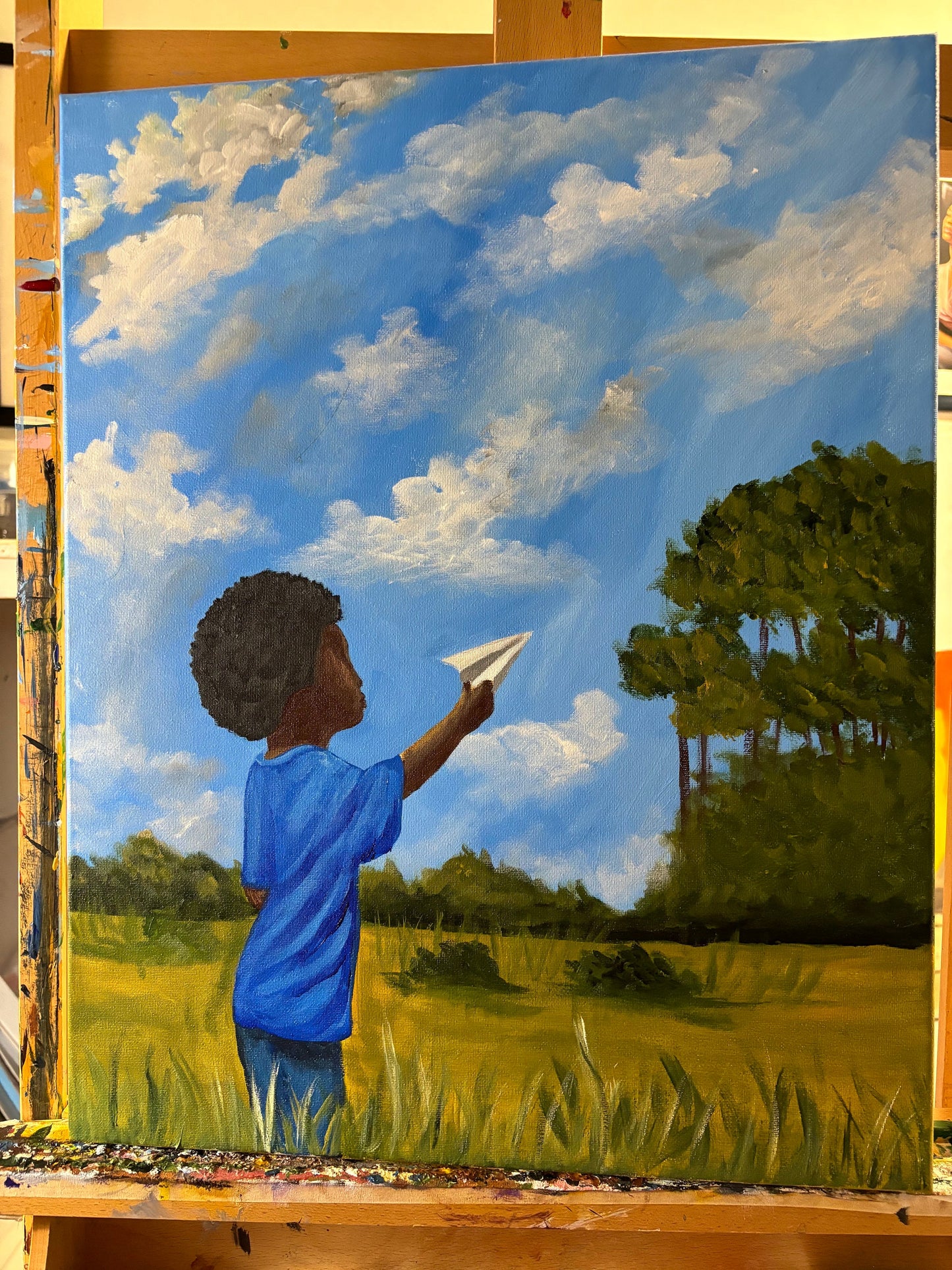 African American Art original acrylic painting “Paper Airplane” Black Boy Joy