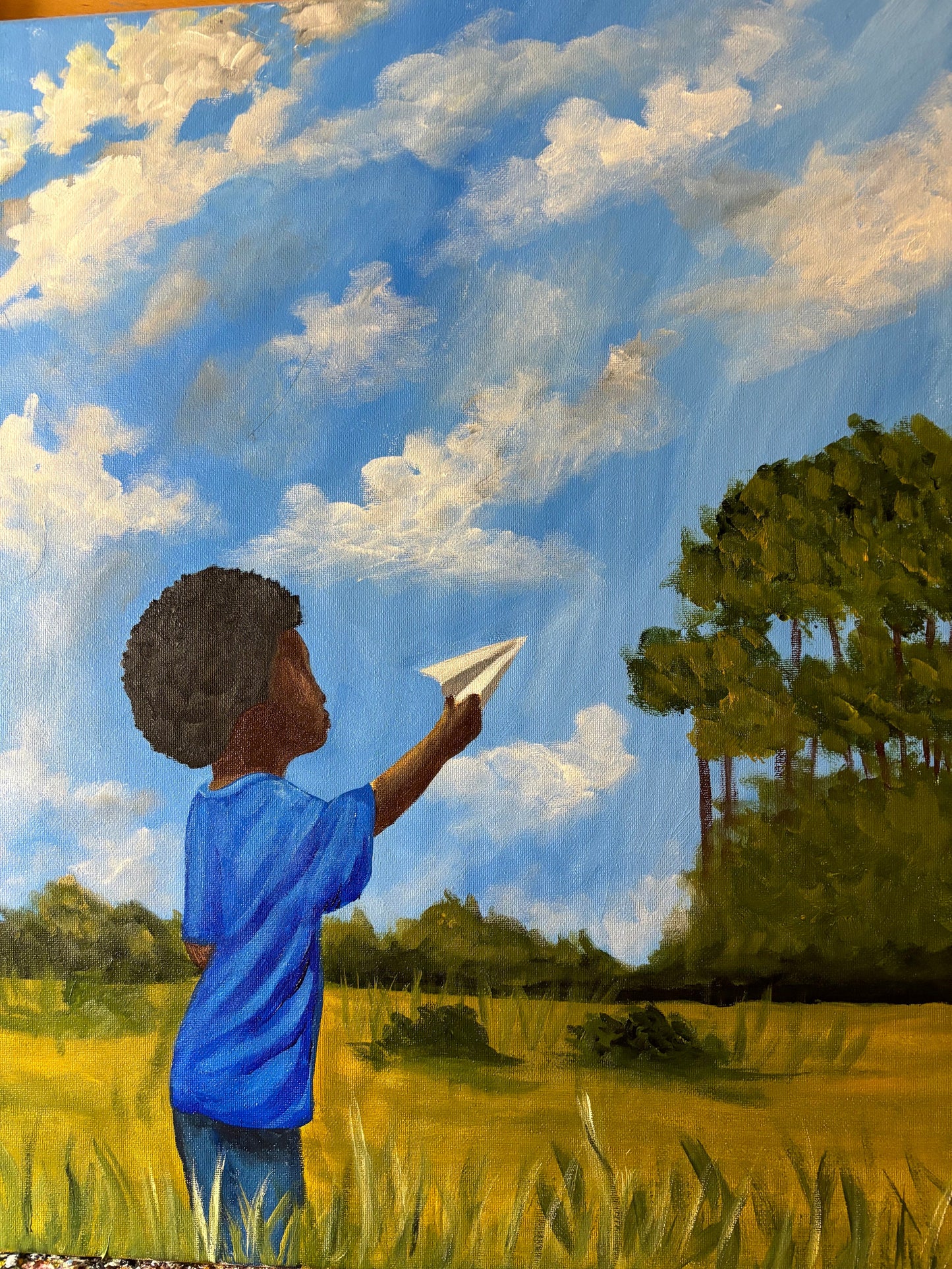 African American Art original acrylic painting “Paper Airplane” Black Boy Joy