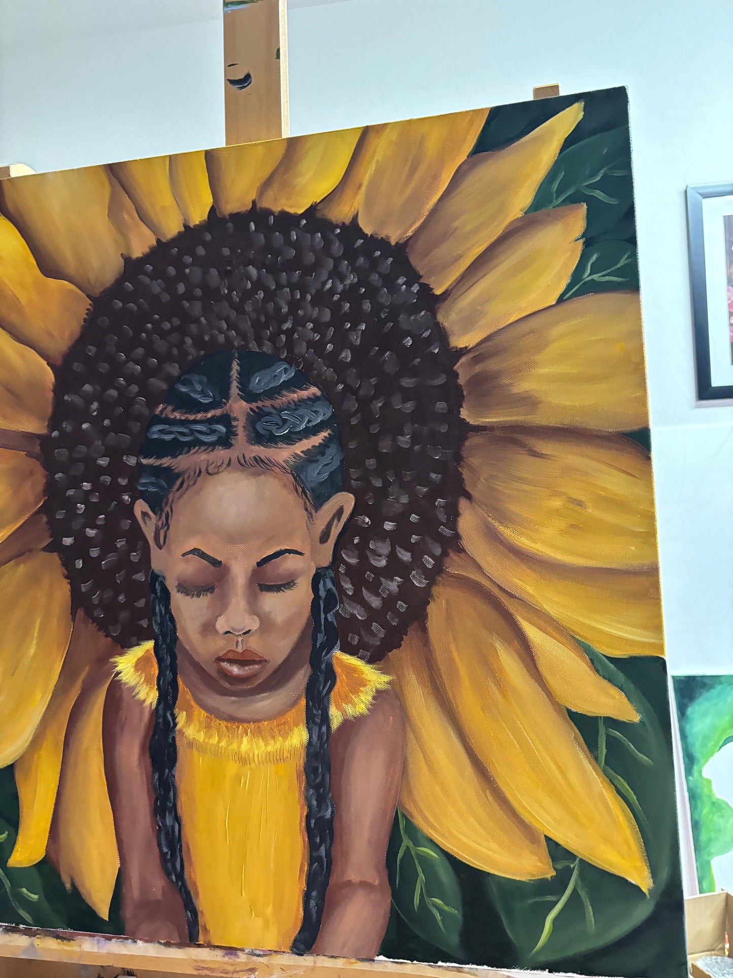 African American Art original acrylic painting “Protection” kids art, sunflowers