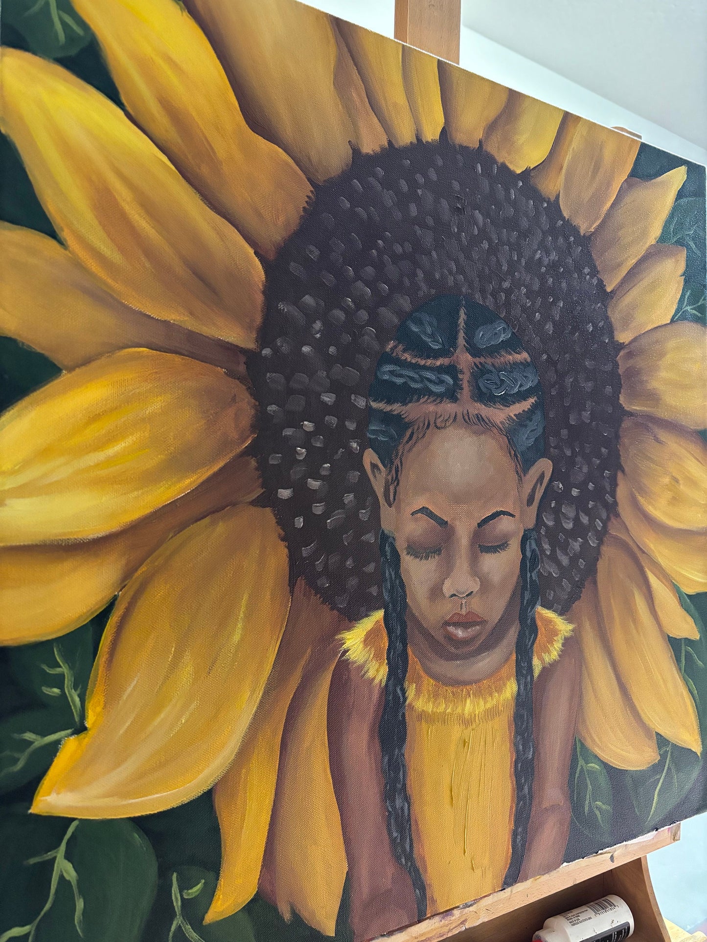 African American Art original acrylic painting “Protection” kids art, sunflowers