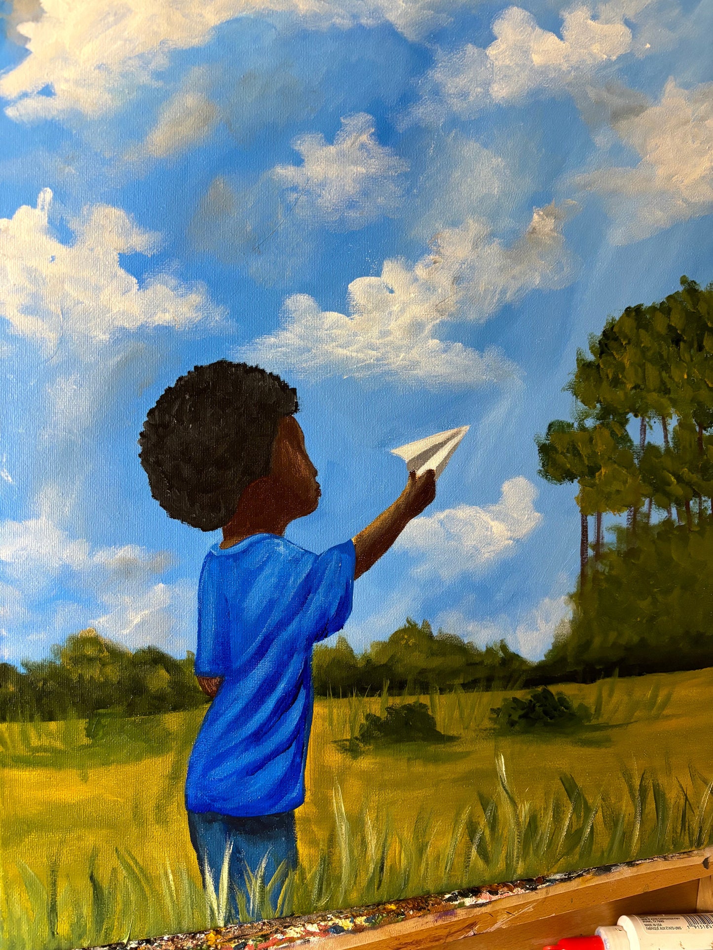 African American Art original acrylic painting “Paper Airplane” Black Boy Joy