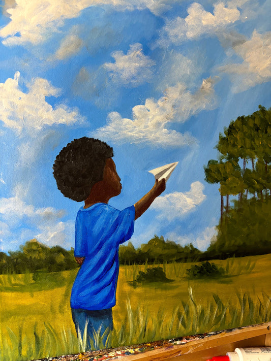 African American Art original acrylic painting “Paper Airplane” Black Boy Joy