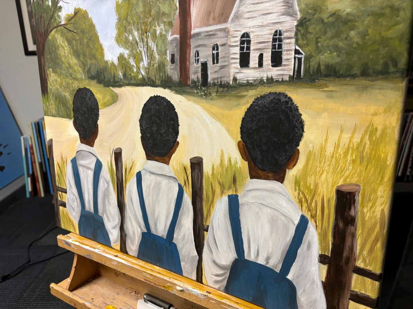 African American Black Boy Joy series “The Old Church House” Gullah Art, Black folk art, kids art, original painting