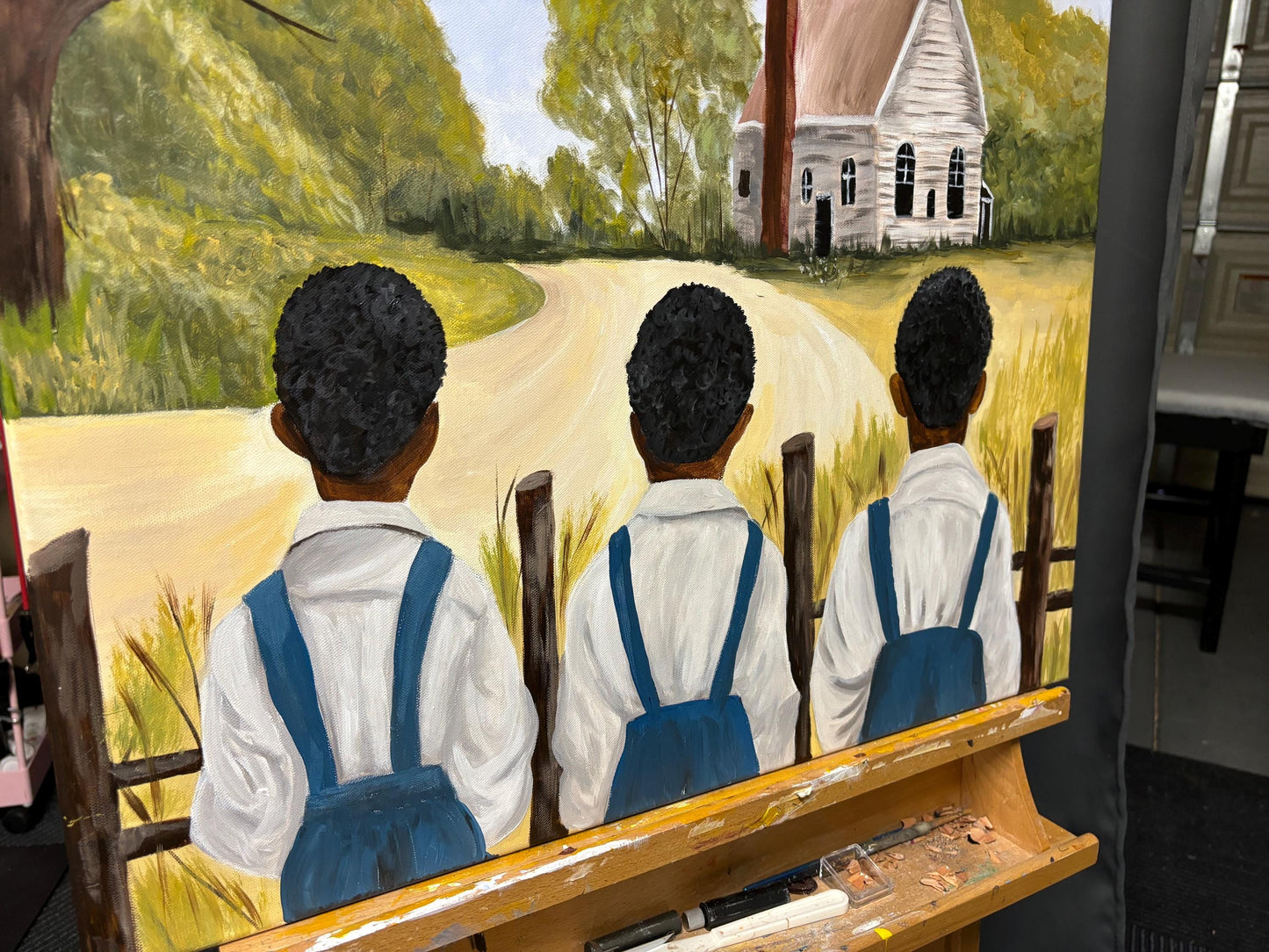 African American Black Boy Joy series “The Old Church House” Gullah Art, Black folk art, kids art, original painting