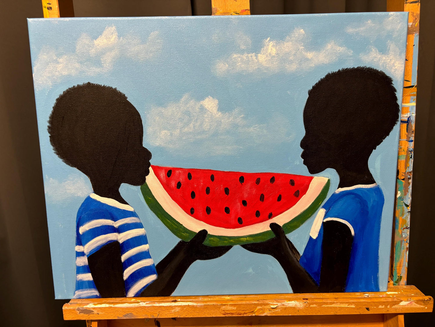 African American Black Boy Joy series “Sharing a Slice II” Gullah Art, Black folk art, kids art, original painting