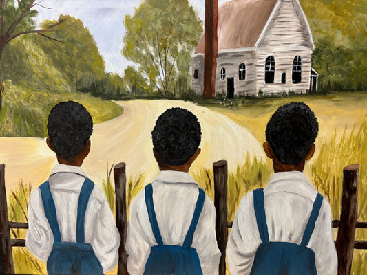 African American Black Boy Joy series “The Old Church House” Gullah Art, Black folk art, kids art, original painting