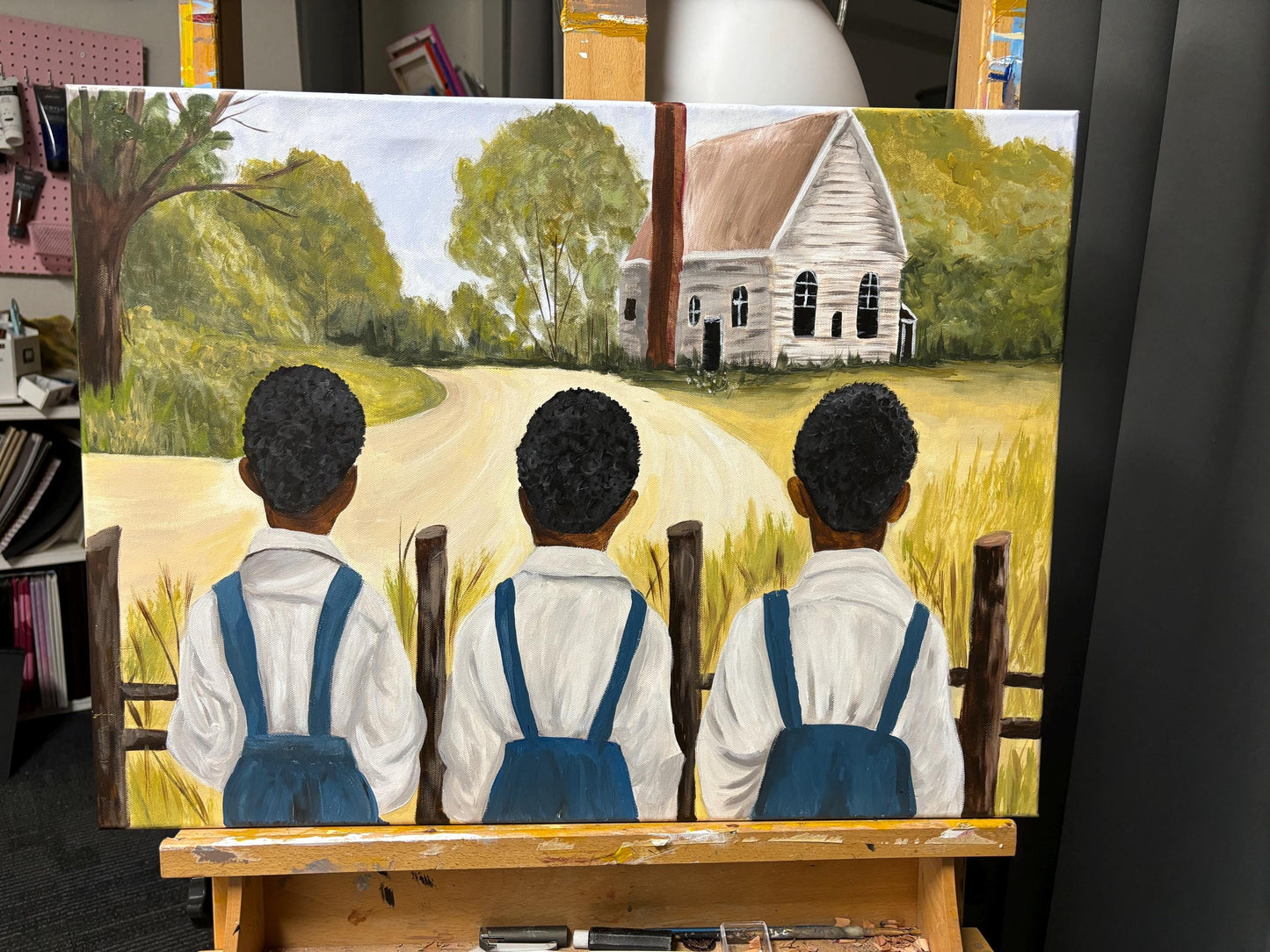 African American Black Boy Joy series “The Old Church House” Gullah Art, Black folk art, kids art, original painting