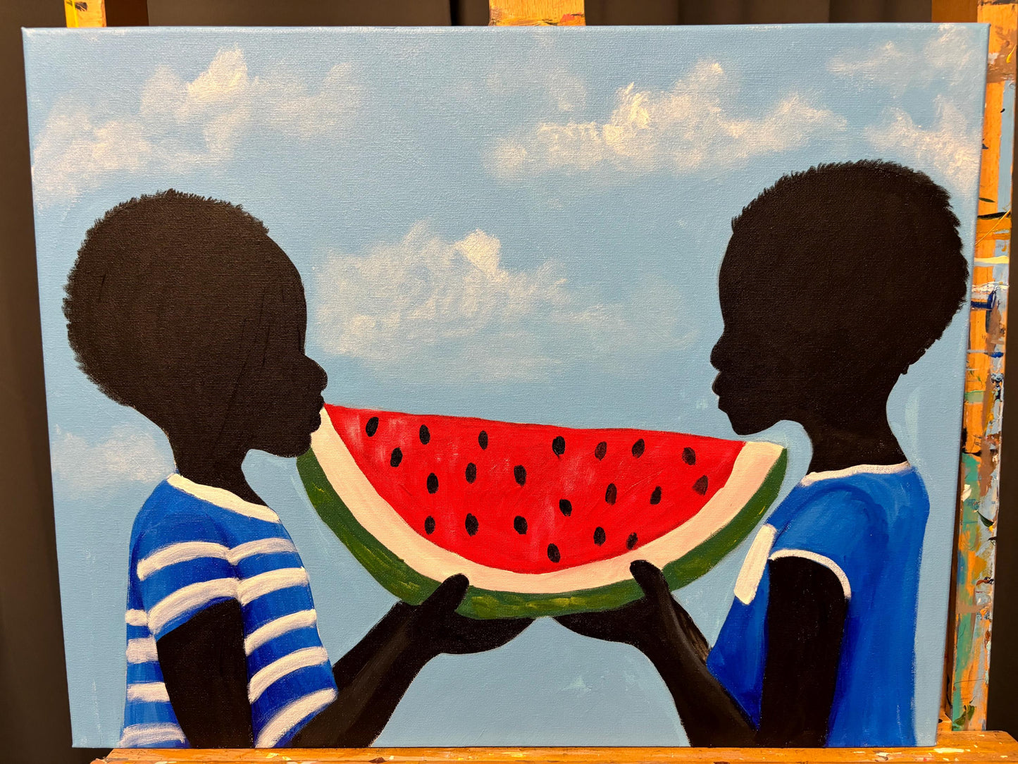 African American Black Boy Joy series “Sharing a Slice II” Gullah Art, Black folk art, kids art, original painting